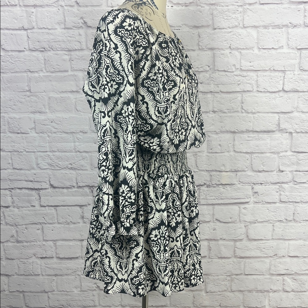 Juicy Couture Black and White Long Sleeve Smocked Waist Dress - Picture 8 of 11